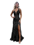 GUKARLEED black sequin prom dress with V neck and side slit, perfect for formal occasions, showcasing elegance and glamour.