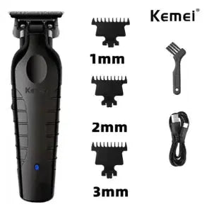 Kemei professional hair clipper set in black with multiple attachments, designed for precise hair cutting and grooming.