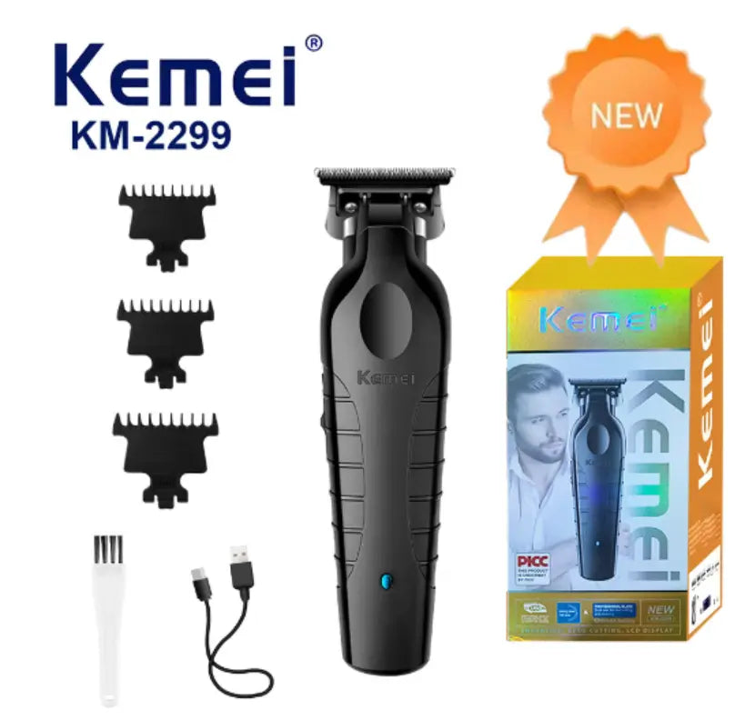 Black Kemei Professional Hair Clipper Set with multiple attachments for precise hair cutting and grooming.
