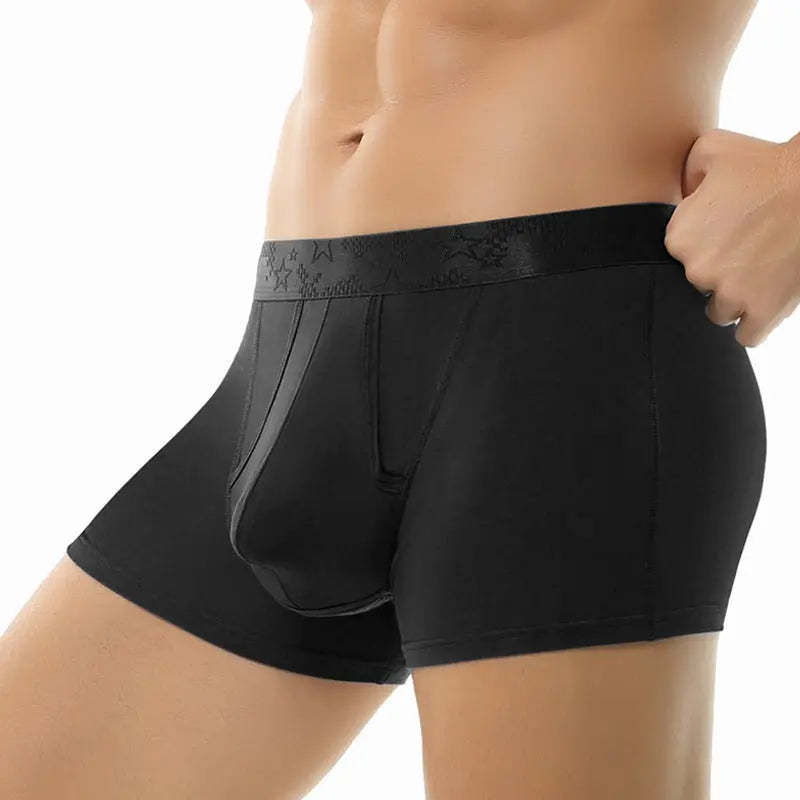Black men's ice silk bullet-type underwear featuring breathable, thin boxer pants with separate pouch for comfort and support.