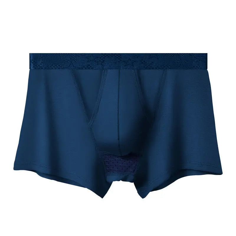 Black men's bullet-type ice silk boxer shorts featuring breathable, thin fabric and separate pouch design for comfort.