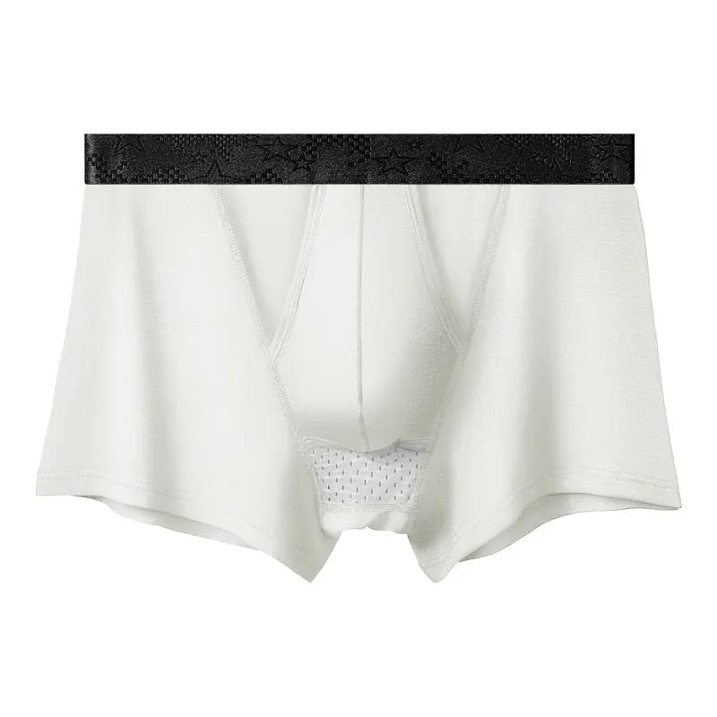 Black men's ice silk bullet-type underwear featuring breathable, thin boxer pants with separate scrotum design for comfort.