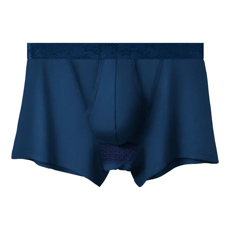 Black men's ice silk boxer pants featuring bullet-type separation, breathable and thin for comfortable underwear.