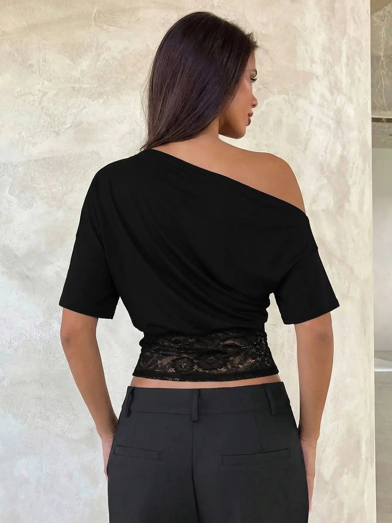 Black Dulzura women's short sleeve lace patchwork T-shirt with inclined shoulder, slim fit, vintage Y2K style for casual or party wear.
