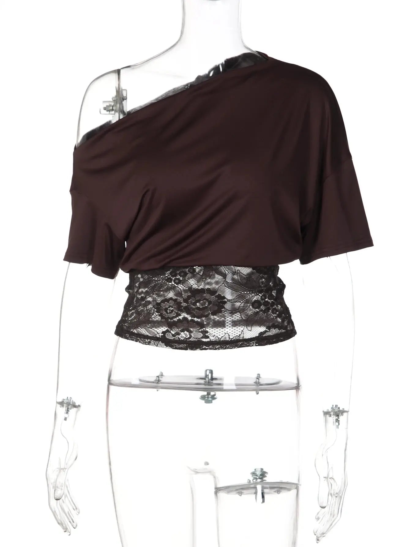 Black Dulzura women’s short sleeve lace patchwork T-shirt with inclined shoulders, vintage Y2K style, casual and party-ready.
