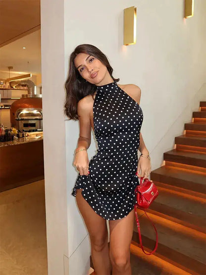 Halter Dot Printed Dresses For Women Fashion Sexy Streetwear Backless Sleeveless O-Neck Sheath Mini Vestidos Robes Female Slim by Dropshipman