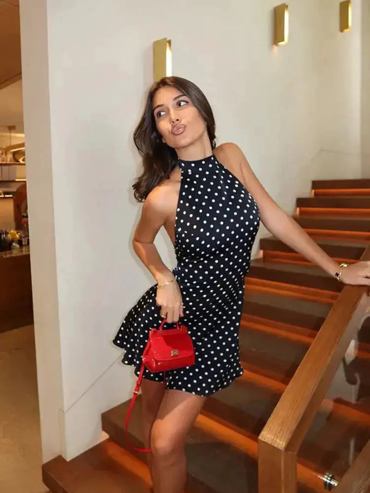 Halter Dot Printed Dresses For Women Fashion Sexy Streetwear Backless Sleeveless O-Neck Sheath Mini Vestidos Robes Female Slim by Dropshipman