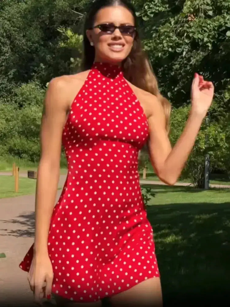 Halter Dot Printed Dresses For Women Fashion Sexy Streetwear Backless Sleeveless O-Neck Sheath Mini Vestidos Robes Female Slim by Dropshipman