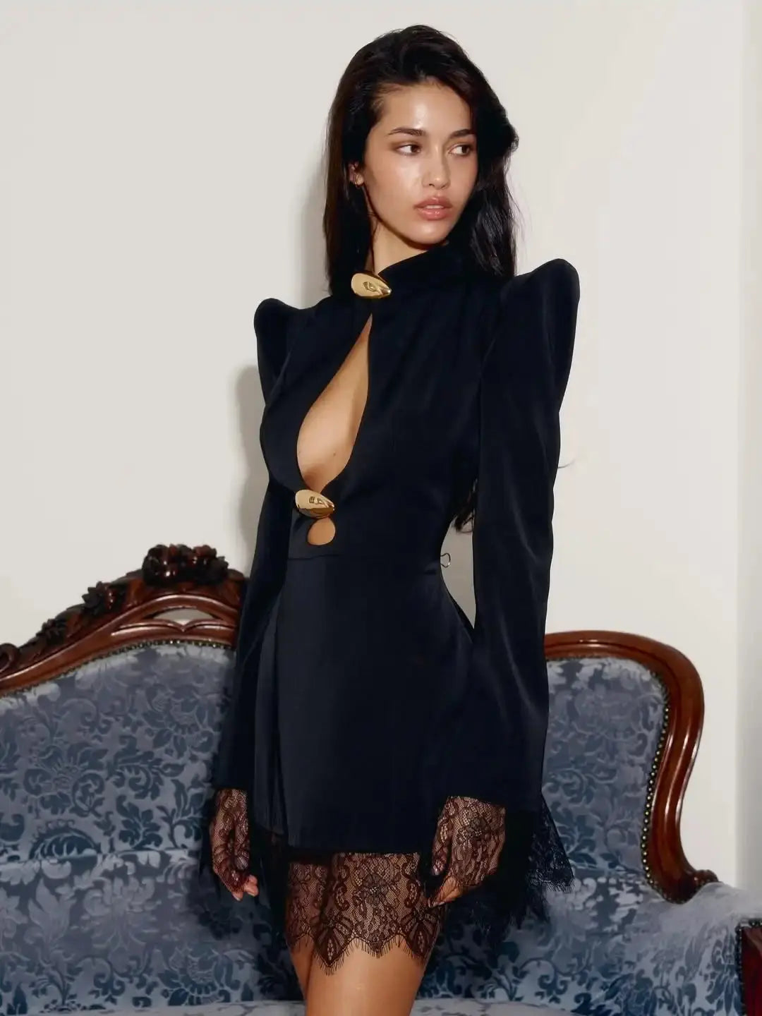 Lace Trim Hollow Out Mini Dress Women Pads Shoulder Waist Cinched High Neck Metal Decorative A-line Gown Lady Daily Party Gowns SHOPEZRA L.L.C.