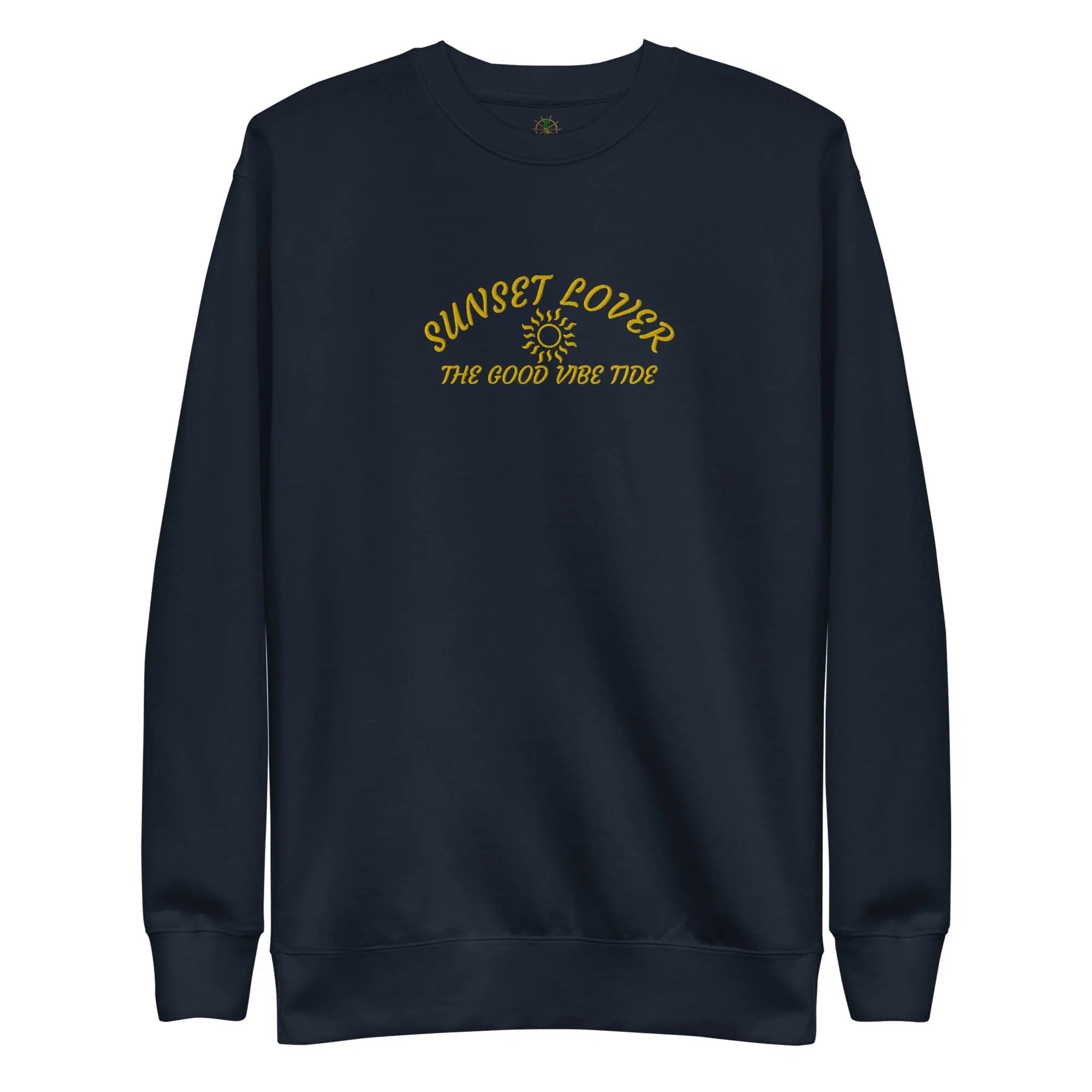 Premium sunset sweatshirt for beach lovers featuring 'Sunset Lover' and 'The Good Vibe Tide' design.