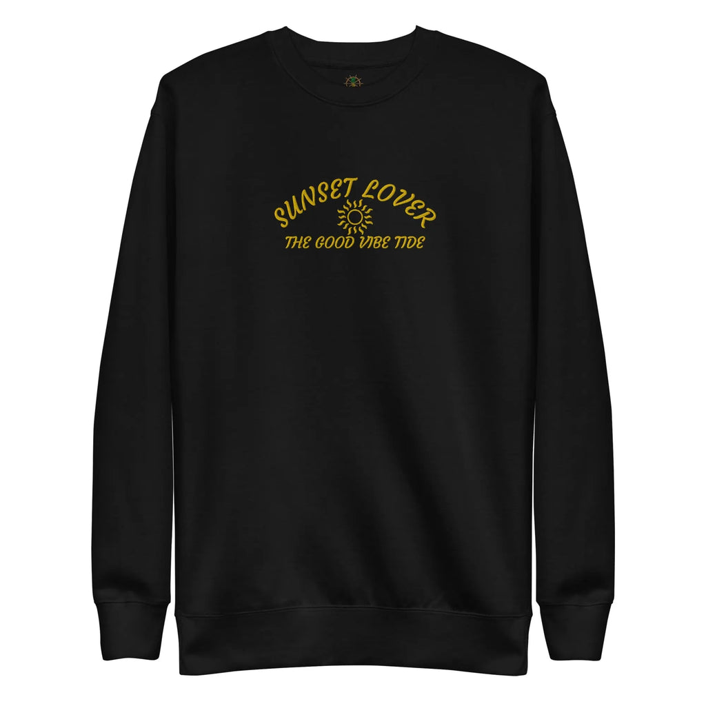 Premium sunset sweatshirt for beach lovers with yellow lettering on a black background.