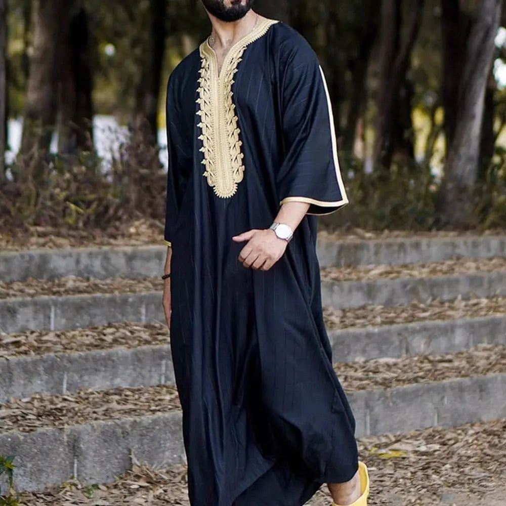 Black men's long shirt Muslim robe by SHOPEZRA L.L.C., featuring a stylish and modest design with a comfortable fit.