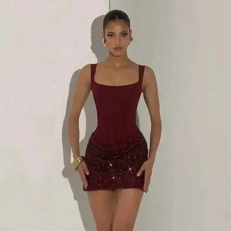 Townlike Pleated Slim Bodycon Dress Women Spaghetti Strap Mini 2026 Summer Dress Sequin Evening Nightclub Sexy Party Dresses SHOPEZRA L.L.C.
