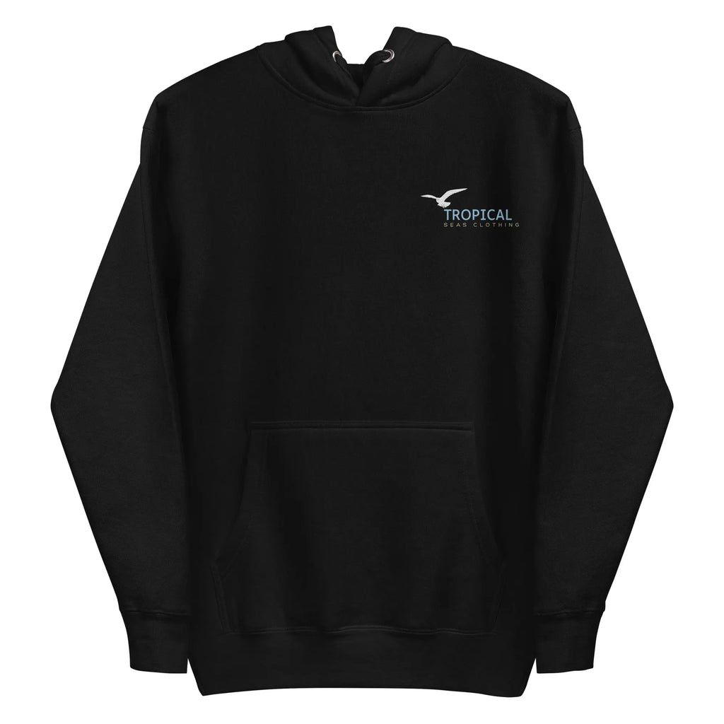 embroidered unisex hoodie in black featuring Tropical Seas Clothing logo