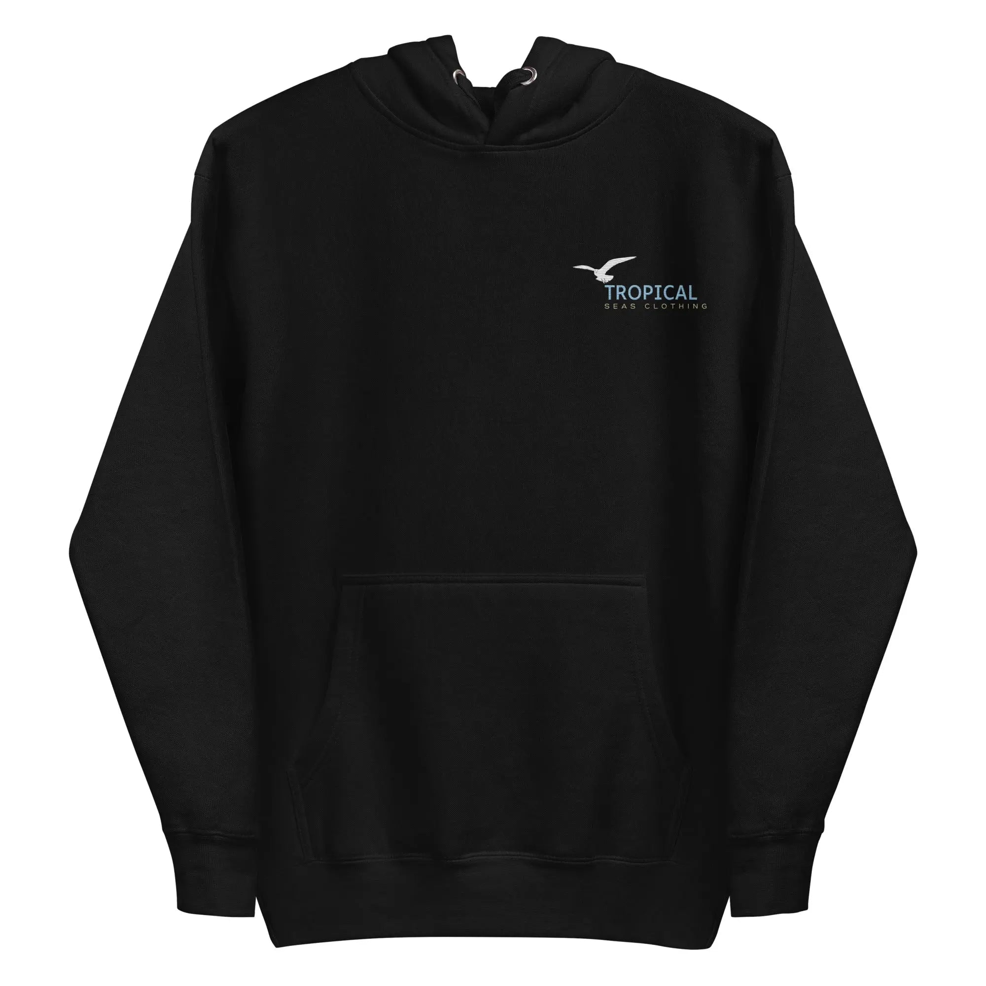 embroidered unisex hoodie in black featuring Tropical Seas Clothing logo