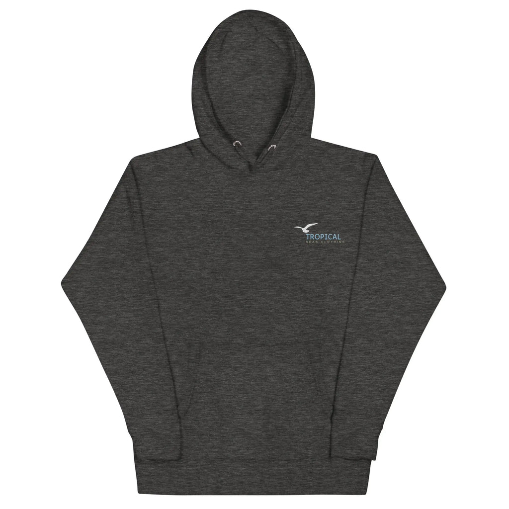Embroidered unisex hoodie in dark gray featuring Tropical design on the chest.