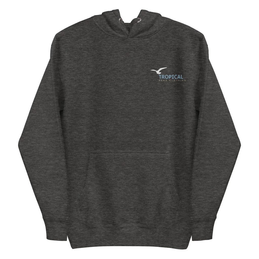 Embroidered unisex hoodie in dark gray featuring 'Tropical Seas Clothing' design.