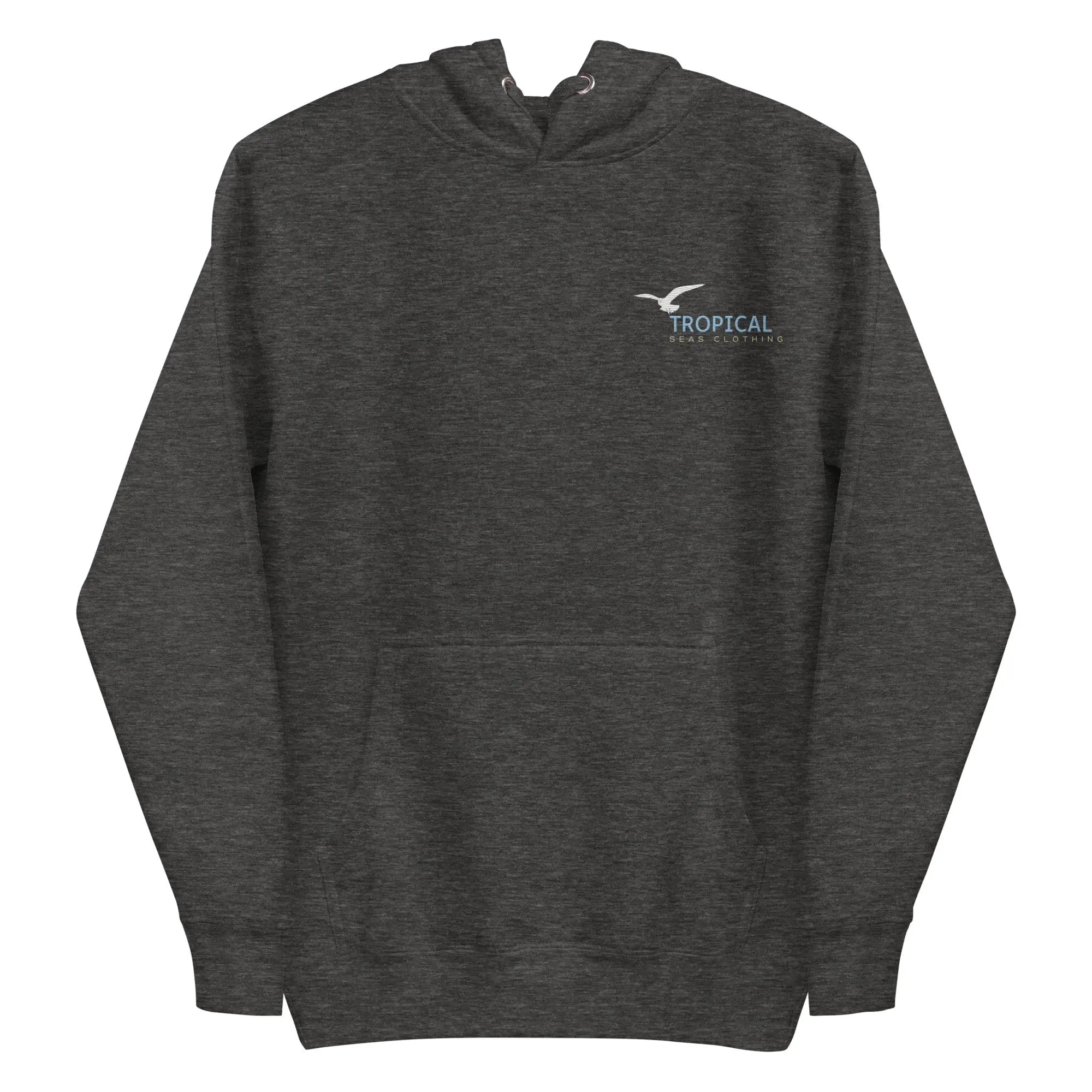 Embroidered unisex hoodie in dark gray featuring 'Tropical Seas Clothing' design.