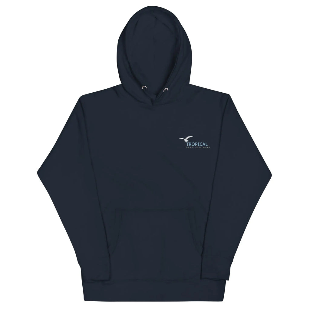 Black unisex Seagull Shores embroidered hoodie by Shopezra L.L.C., featuring detailed seagull embroidery on the front.
