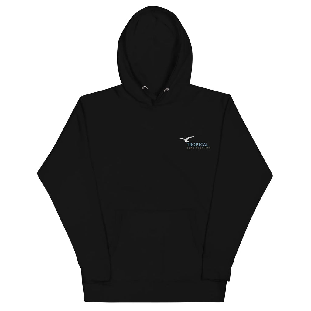 Unisex black Seagull Shores embroidered hoodie with seagull logo and detailed stitching, casual streetwear by SHOPEZRA L.L.C.