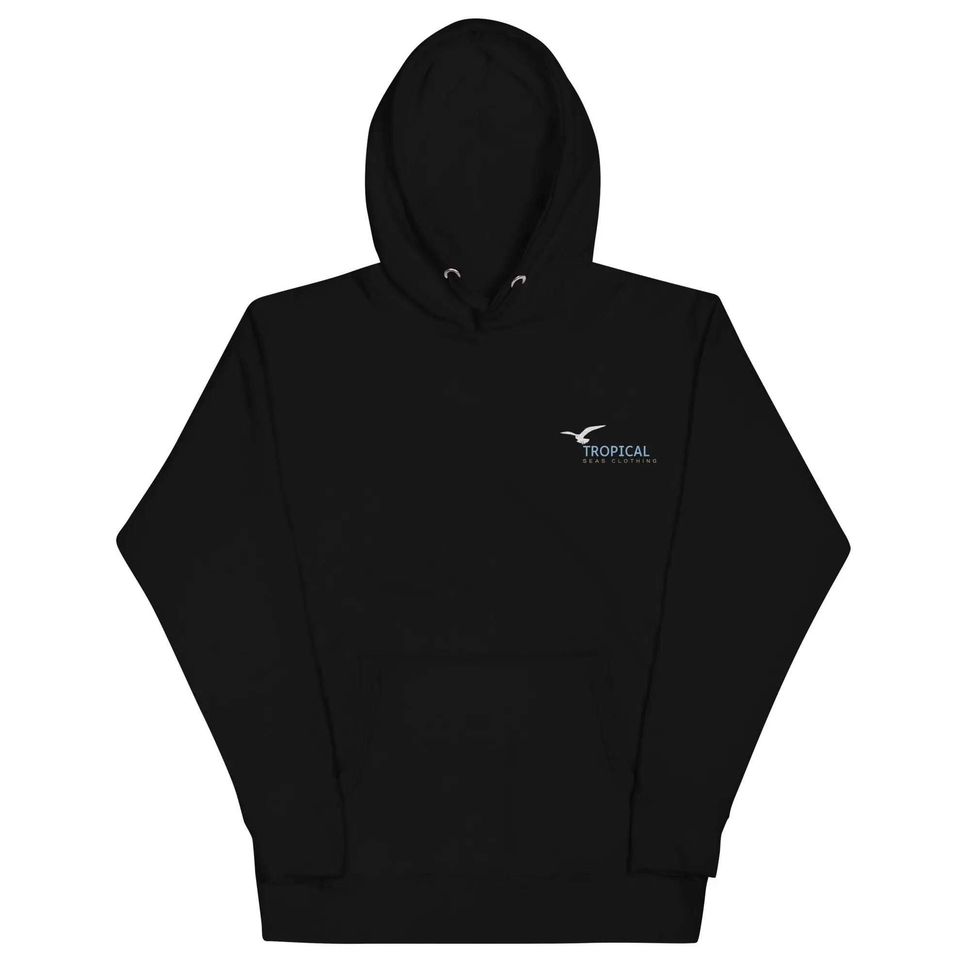 Unisex black Seagull Shores embroidered hoodie with seagull logo and detailed stitching, casual streetwear by SHOPEZRA L.L.C.