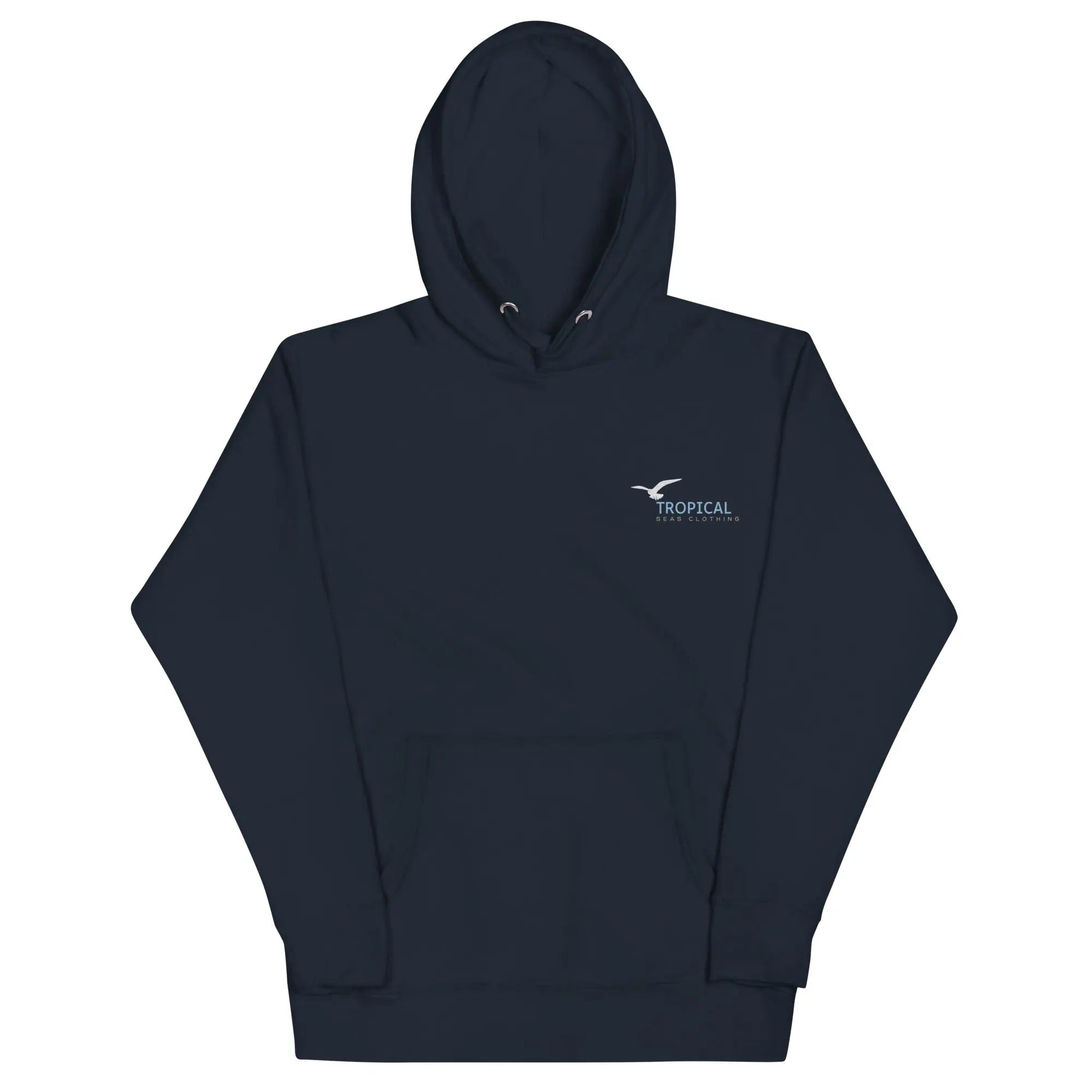 Black unisex Seagull Shores embroidered hoodie by SHOPEZRA L.L.C. with seagull and shoreline design on front.