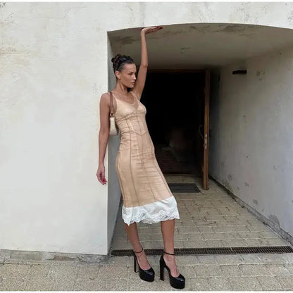 Women Sheer Mesh Overlay Midi Dress Waist Cinched Sleeveless Spaghetti Strap 2026 Summer Accessories Trendy Classy Lady Outfits by Dropshipman