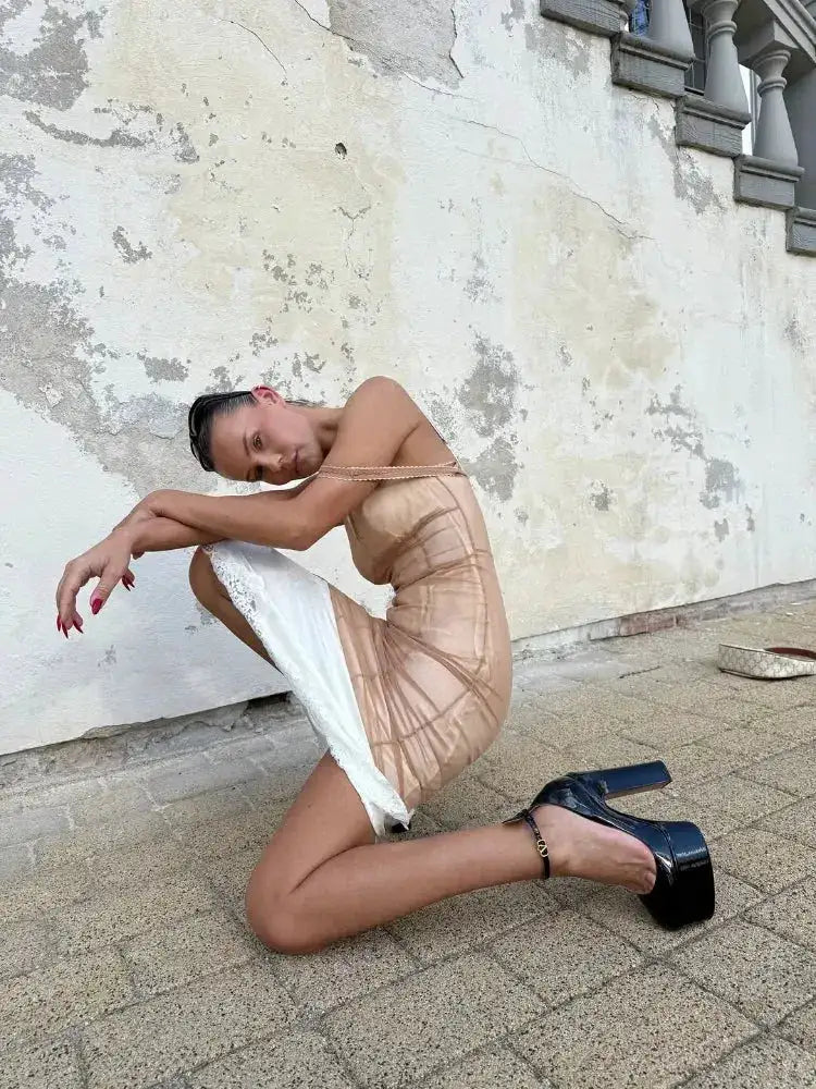 Women Sheer Mesh Overlay Midi Dress Waist Cinched Sleeveless Spaghetti Strap 2026 Summer Accessories Trendy Classy Lady Outfits by Dropshipman