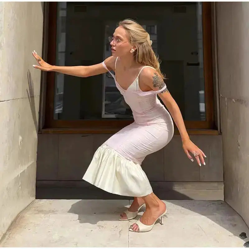 Women Sheer Mesh Overlay Midi Dress Waist Cinched Sleeveless Spaghetti Strap 2026 Summer Accessories Trendy Classy Lady Outfits by Dropshipman