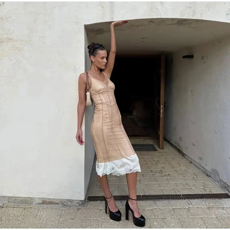 Women Sheer Mesh Overlay Midi Dress Waist Cinched Sleeveless Spaghetti Strap 2026 Summer Accessories Trendy Classy Lady Outfits SHOPEZRA L.L.C.
