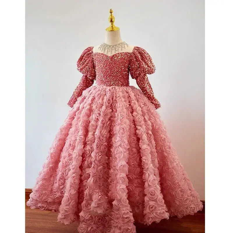 Pink shiny children's dress for girls, long sleeves, suitable for birthday banquets, princess-themed, perfect for piano performances.