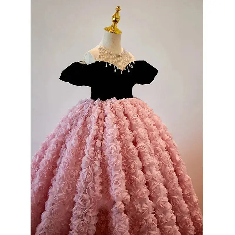 Pink children's dress for girls by SHOPEZRA L.L.C., shiny, long sleeves, suitable for birthdays, banquets, and piano performances.