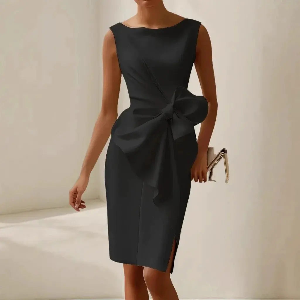 Elegant black sleeveless women's dress with fitted waist, refined style, perfect for dates, by SHOPEZRA L.L.C.