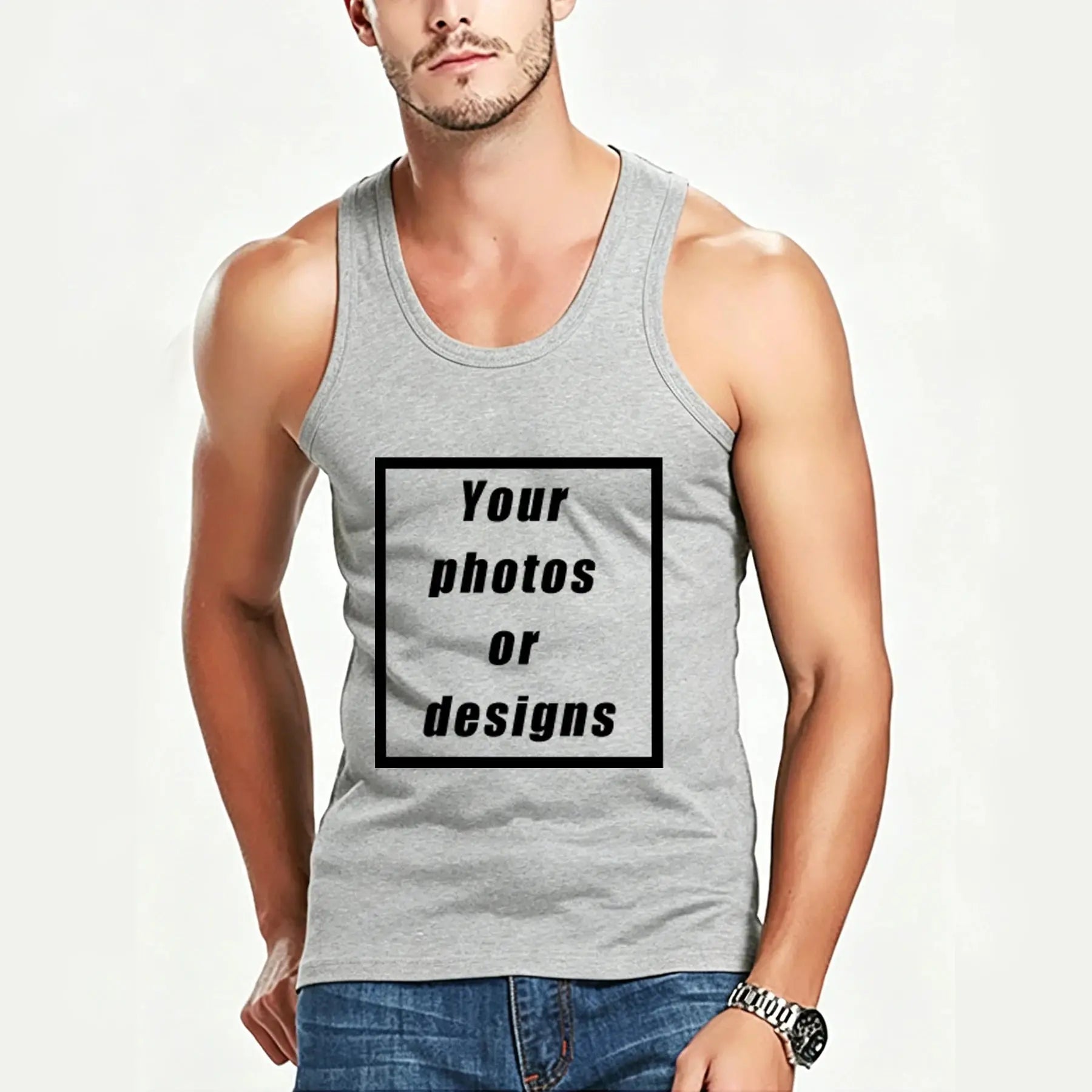 Black men's tank top with custom graphic logo, vintage style, all-match sports sleeveless vest, perfect for summer outdoor jogging.