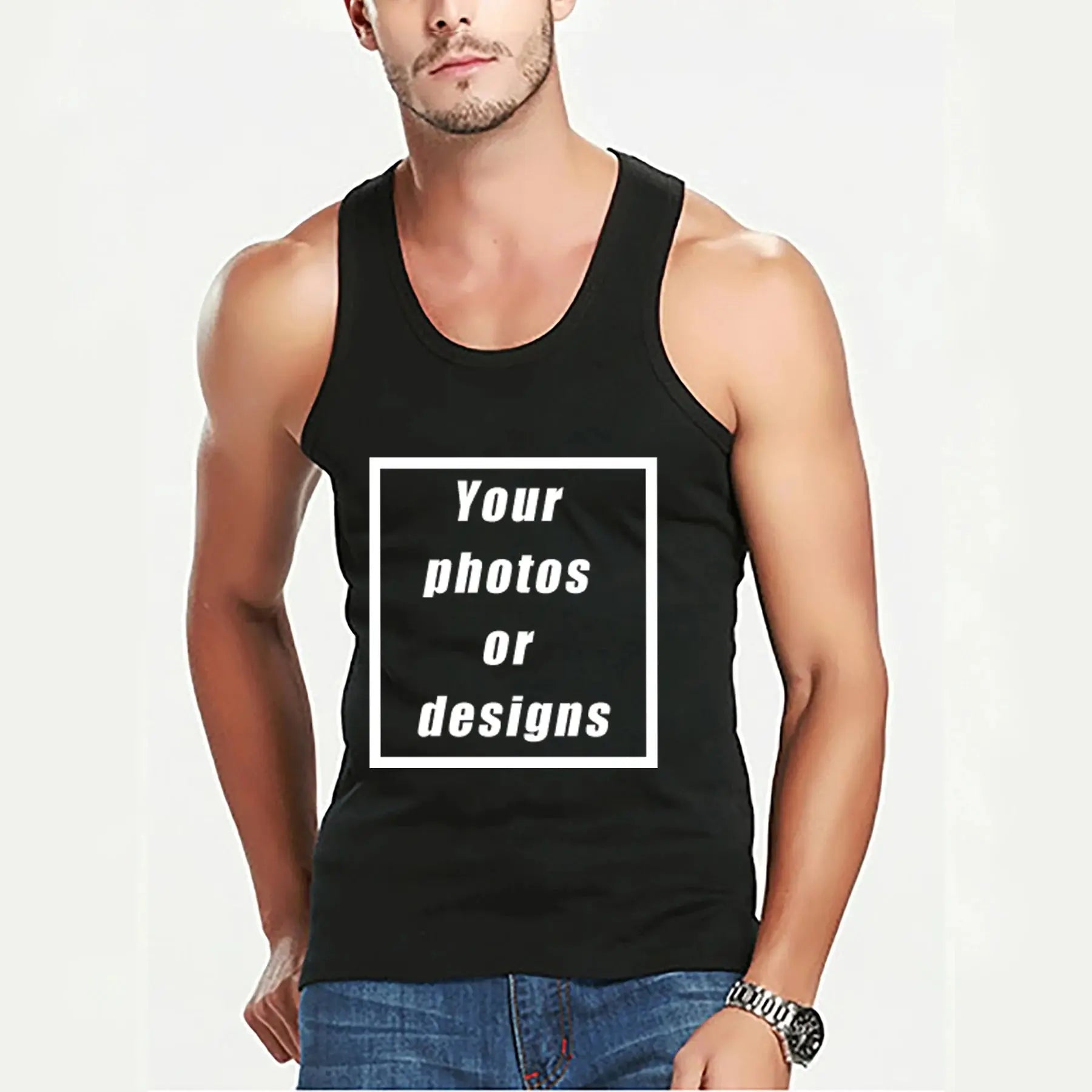 Black men's tank top with custom graphic logo, vintage style, sleeveless design, perfect for summer outdoor jogging and sports.