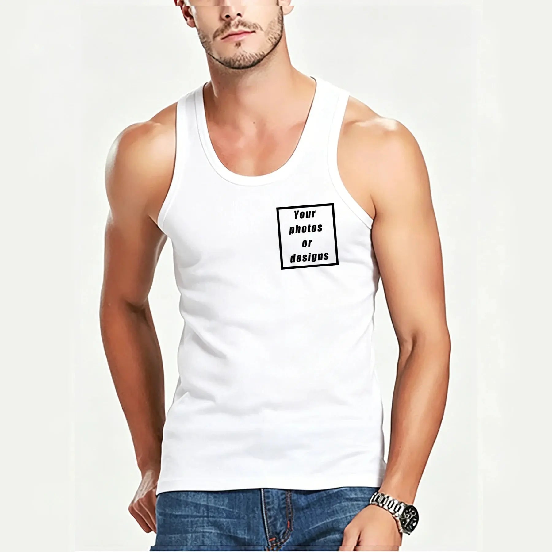 Black men's tank top with custom graphic logo, vintage style, sleeveless design, ideal for summer outdoor sports and jogging.