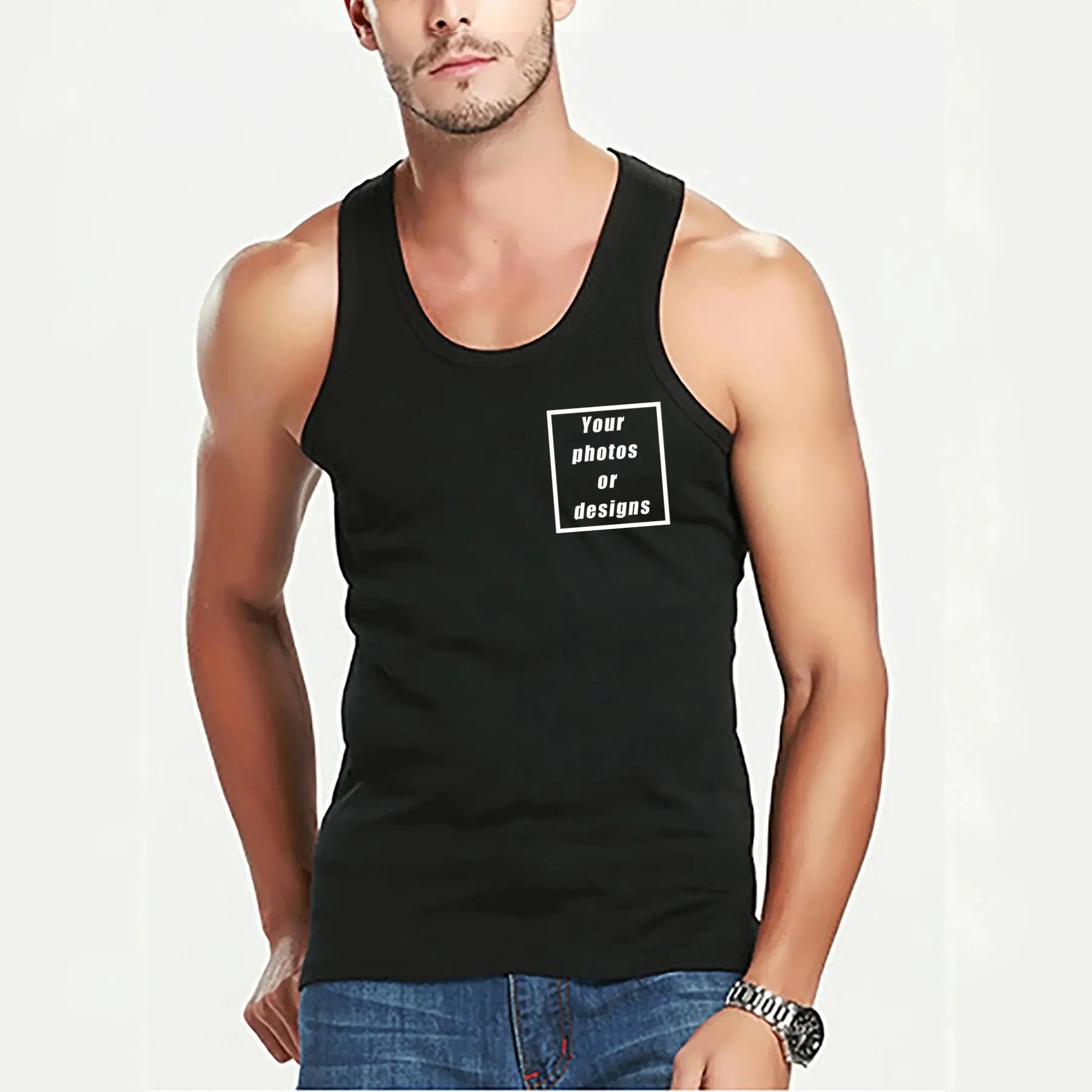 Black men's tank top with custom graphic logo, vintage style, sleeveless design, ideal for summer outdoor jogging and casual wear by SHOPEZRA L.L.C.