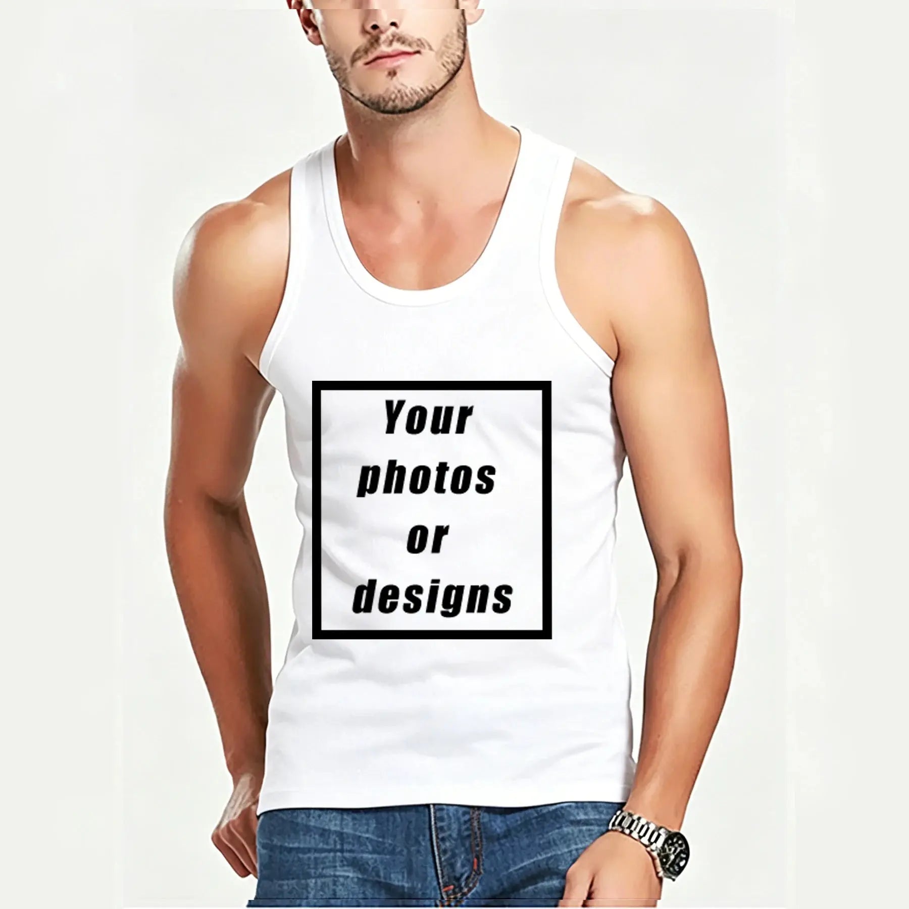 Black men's tank top with custom graphic logo, vintage style, sleeveless design, ideal for summer outdoor jogging and sports.
