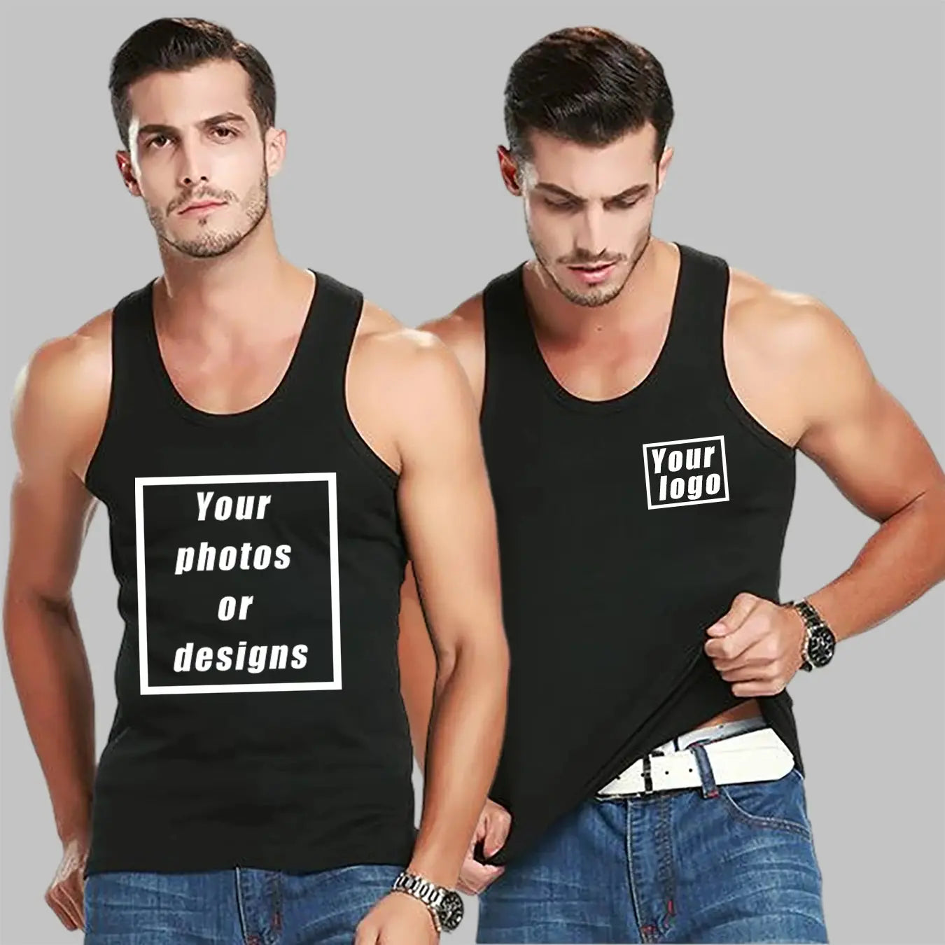 Black men's tank top with custom graphic logo, vintage style, sleeveless design, perfect for summer outdoor jogging and casual wear.