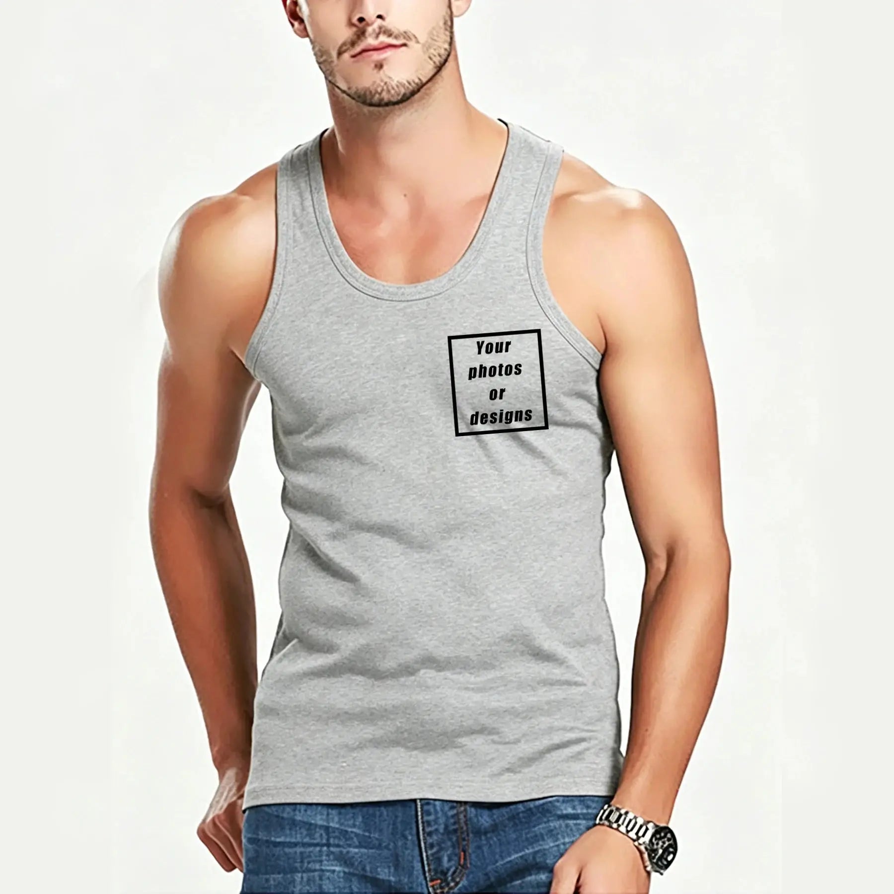 Black men's tank top with custom graphic logo, vintage style, sleeveless design, ideal for summer outdoor sports and jogging.