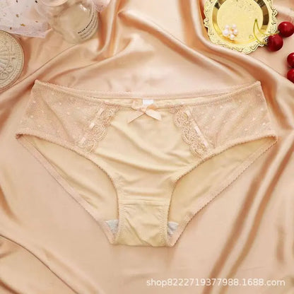 Eisseide Nähte Mesh nahtlose Unterwäsche Damen sexy reine Spitze Kante atmungsaktiver Baumwollzwickel antibakterieller Mid-Waist Slip