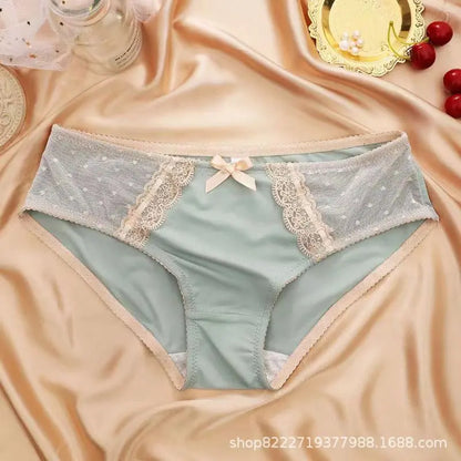Eisseide Nähte Mesh nahtlose Unterwäsche Damen sexy reine Spitze Kante atmungsaktiver Baumwollzwickel antibakterieller Mid-Waist Slip