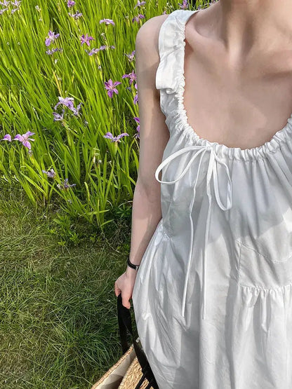 Luxi French Sleeveless Pleated Camisole dress Summer Minimalist Joker Waist Elegant Long Dress 5068 by Dropshipman