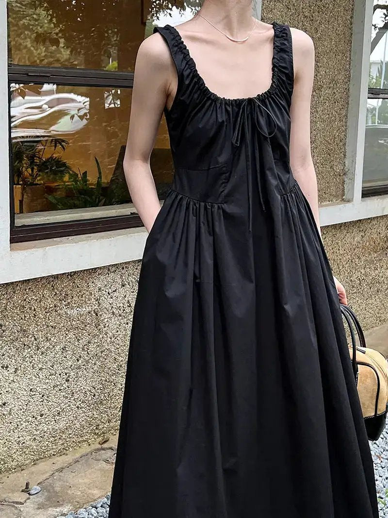 Luxi French Sleeveless Pleated Camisole dress Summer Minimalist Joker Waist Elegant Long Dress 5068 by Dropshipman