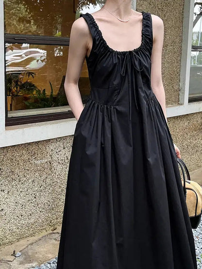 Luxi French Sleeveless Pleated Camisole dress Summer Minimalist Joker Waist Elegant Long Dress 5068 by Dropshipman