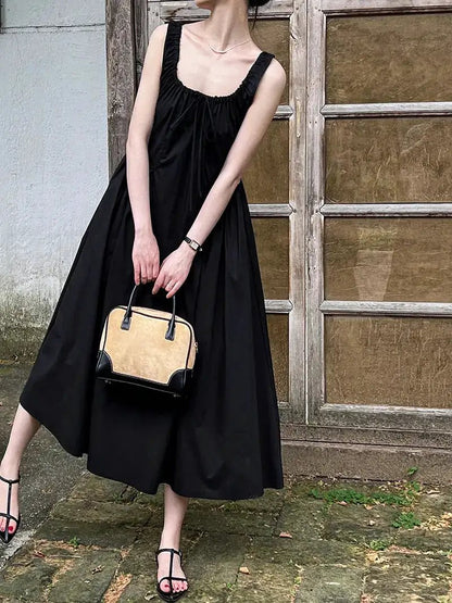 Luxi French Sleeveless Pleated Camisole dress Summer Minimalist Joker Waist Elegant Long Dress 5068 by Dropshipman