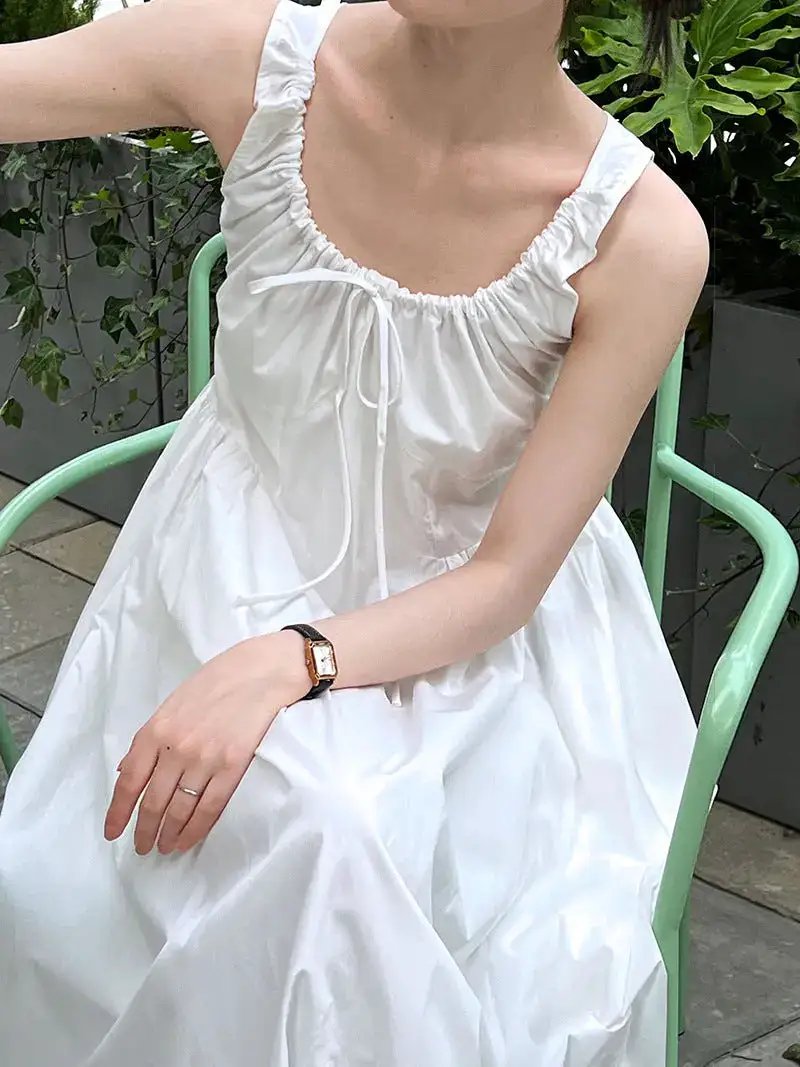Luxi French Sleeveless Pleated Camisole dress Summer Minimalist Joker Waist Elegant Long Dress 5068 by Dropshipman