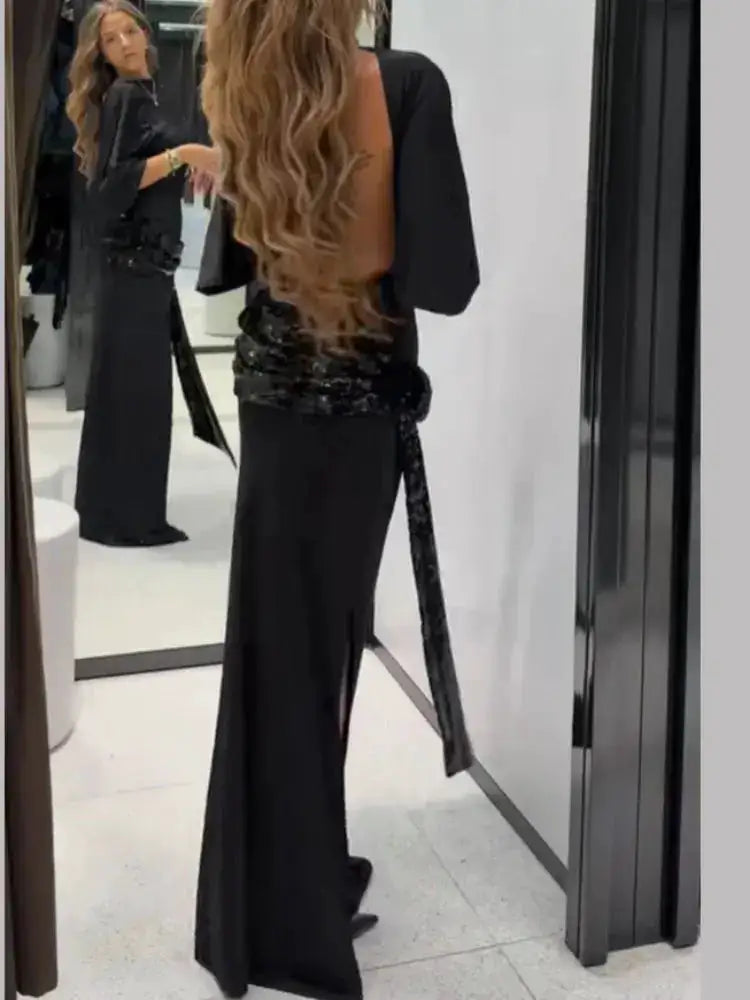 Sequin Patchwork Backless Dress Women Elegant Solid Middle Sleeve Cinched-waist Slim Long Dresses Fashion Evening Party Vestidos by Dropshipman