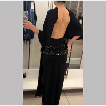 Sequin Patchwork Backless Dress Women Elegant Solid Middle Sleeve Cinched-waist Slim Long Dresses Fashion Evening Party Vestidos by Dropshipman