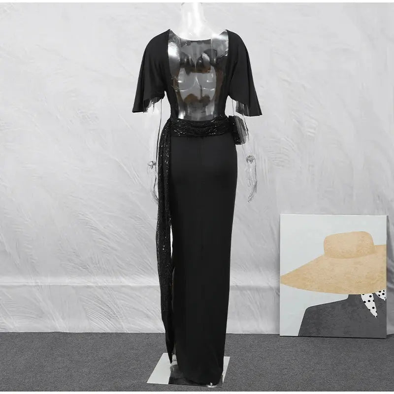 Sequin Patchwork Backless Dress Women Elegant Solid Middle Sleeve Cinched-waist Slim Long Dresses Fashion Evening Party Vestidos SHOPEZRA L.L.C.
